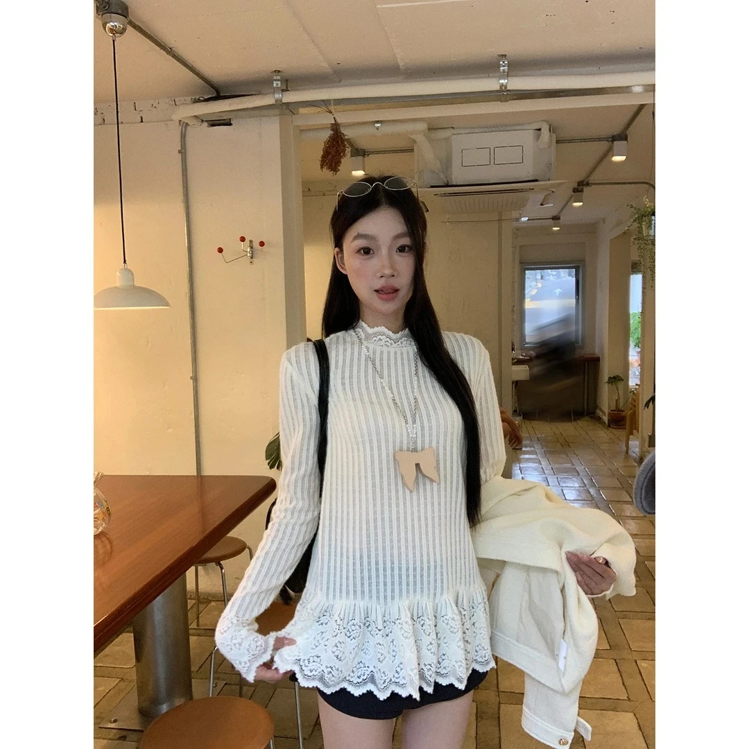番茄妹妹Tomatosister 苔丝茉莉刺绣蕾丝花边长袖T恤+针织马甲