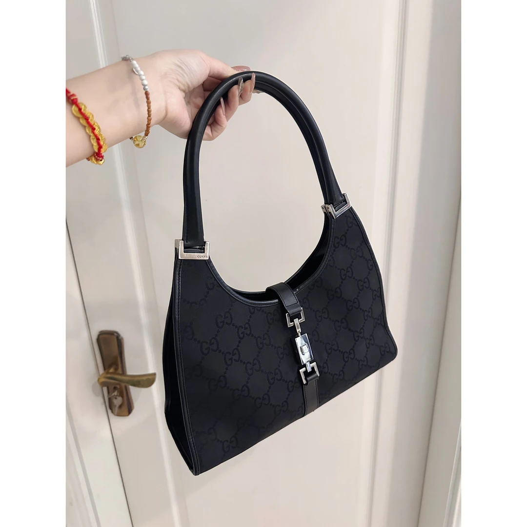 95新 GUCCI/古驰 双肩带黑花Jackie腋下包