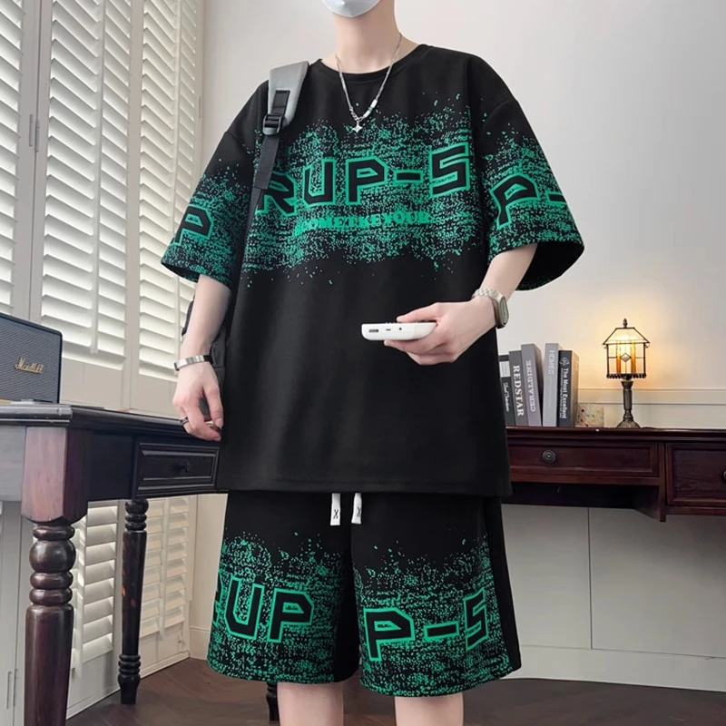 大码男装100-280斤冰丝短袖t恤男青少年夏装帅气短袖休闲运动套装