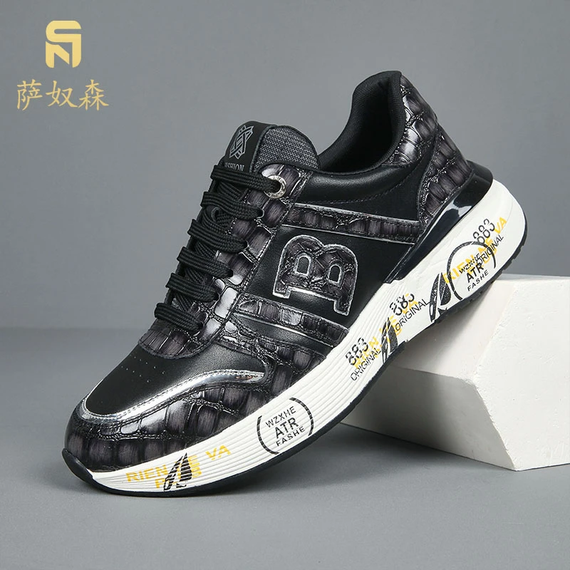 萨奴森男鞋头层牛皮复古百搭运动休闲鞋男士轻奢时尚潮流阿甘鞋