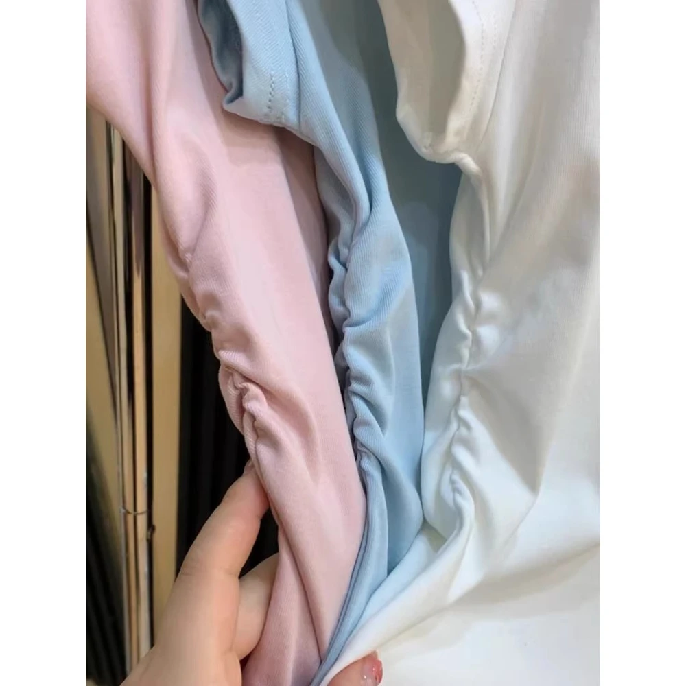 白色正肩短袖t恤女新款夏季修身褶皱收腰短款甜辣洋气小个子上衣