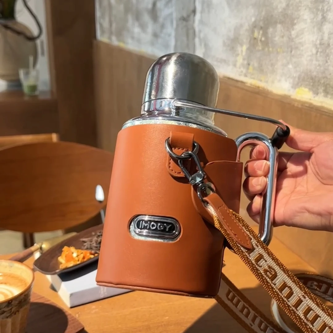 杯套网红旅行高档大容量手工水壶保温壶水杯保温杯便携PU皮+背带