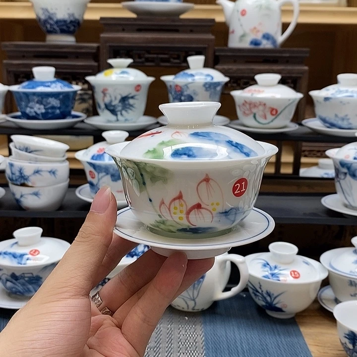 手绘五彩荷花盖碗釉下彩高温瓷微瑕福利款