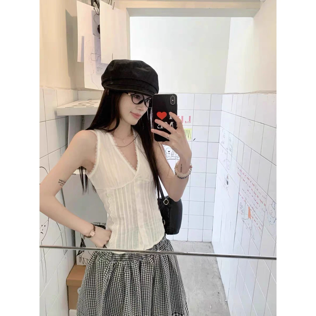 辣妹白色v领吊带背心女夏外穿纯欲收腰挂脖绑带无袖性感上衣