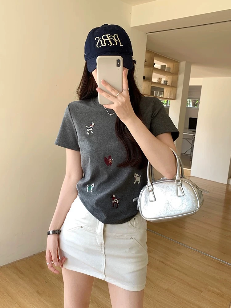小白姐姐7761【韩系ins】小动物刺绣圆领短袖棉T恤夏季百搭女上衣