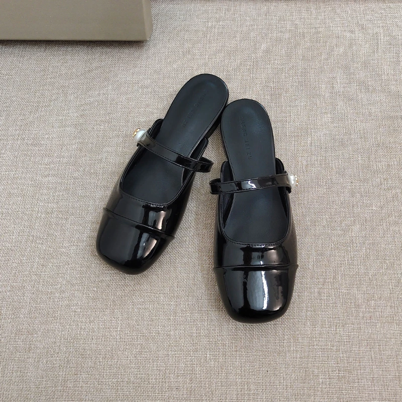 珍珠包头半拖鞋女外穿2025夏新款法式玛丽珍懒人穆勒平底大码女鞋