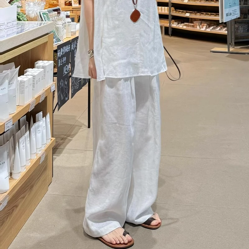 白色冰丝阔腿裤女夏薄2025新款棉麻高腰显瘦小个子凉凉休闲直筒裤