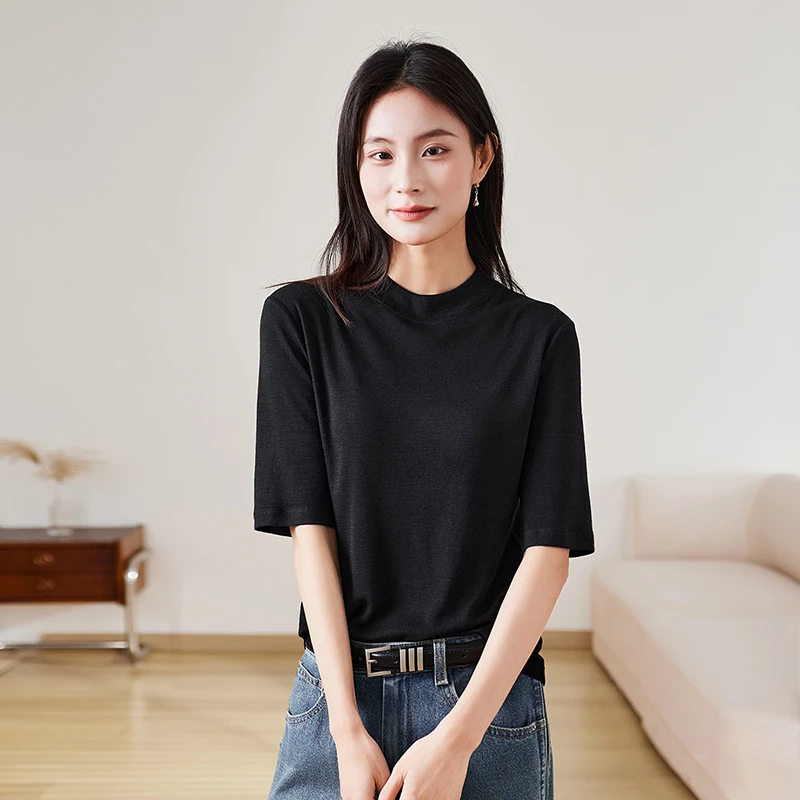 索菲丝尔【绵羊毛】短袖T恤女2025秋季新款百搭纯色打底衫517033