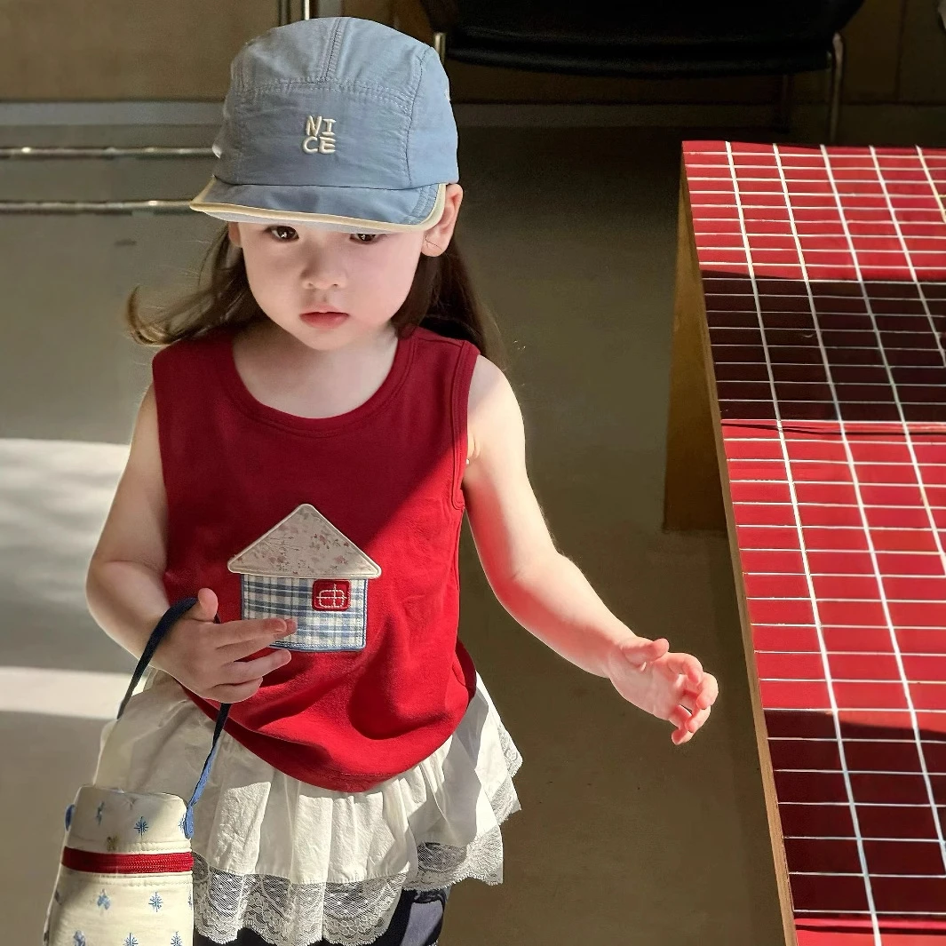 2025夏季新款女童短袖T恤韩版卡通背心上衣可爱洋气房子无袖上衣