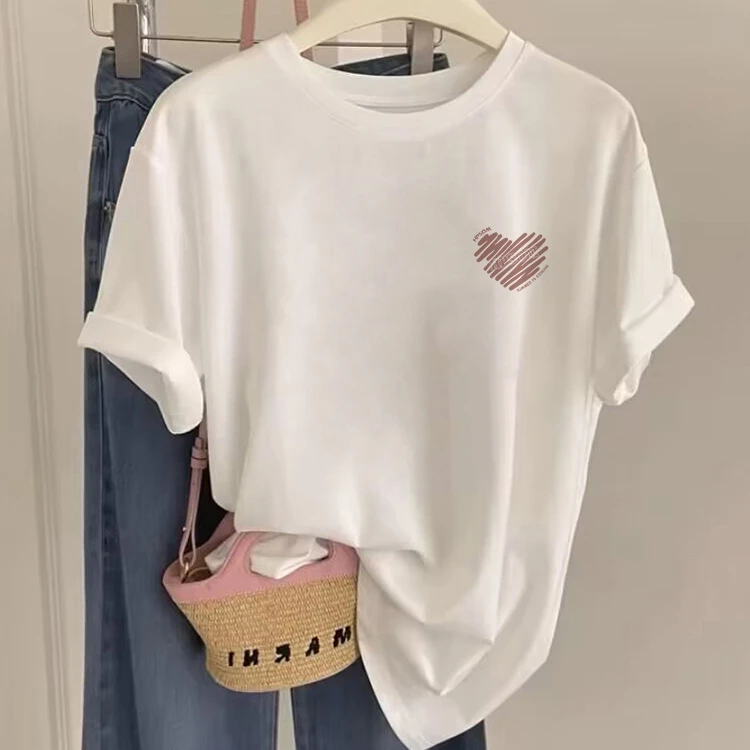 白色纯棉短袖t恤女2025夏季今年流行爆款设计感全棉爱心印花上衣