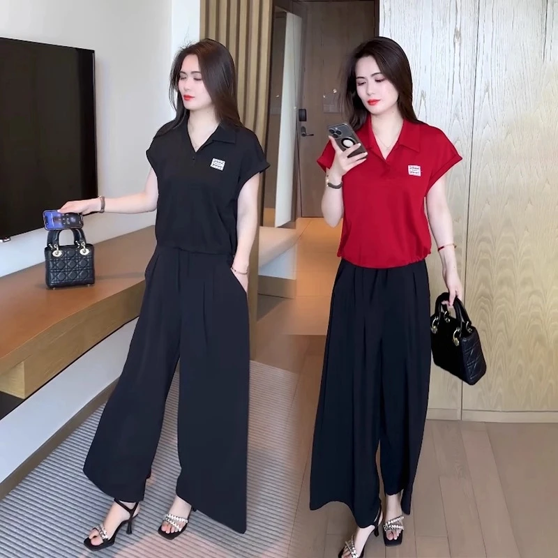时尚套装女2025夏季新款宽松显瘦减龄POLO衫短袖上衣阔腿裤两件套