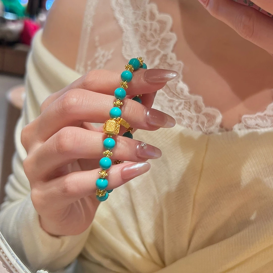 925银手链 银镀金隔珠人造绿松手链女气质百搭复古小众高级感首饰