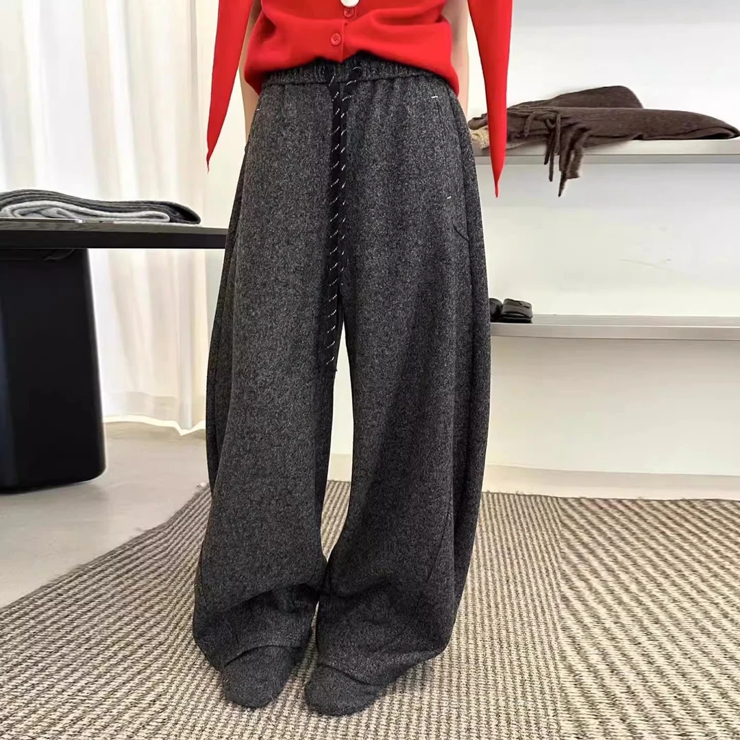 秋冬新款韩版时尚撞色抽绳松紧腰百搭宽松呢料弯刀裤女休闲长裤
