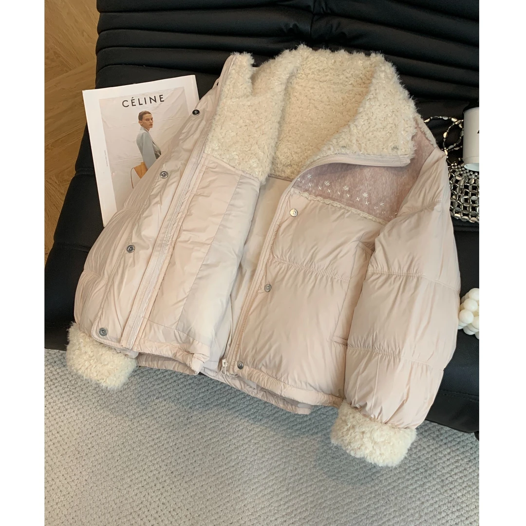 C3681#时尚羊羔毛拼接羽绒服女冬季宽松小个子设计感大码显瘦外套