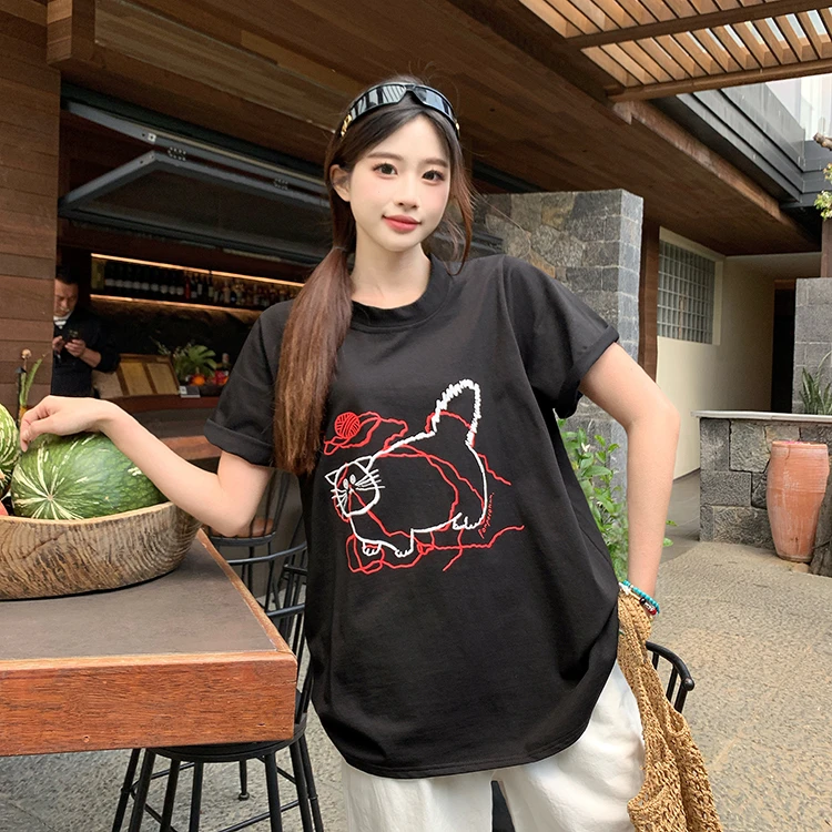 4373大码女装胖MM时尚潮流猫咪印花宽松显瘦设计圆领短袖T恤5856