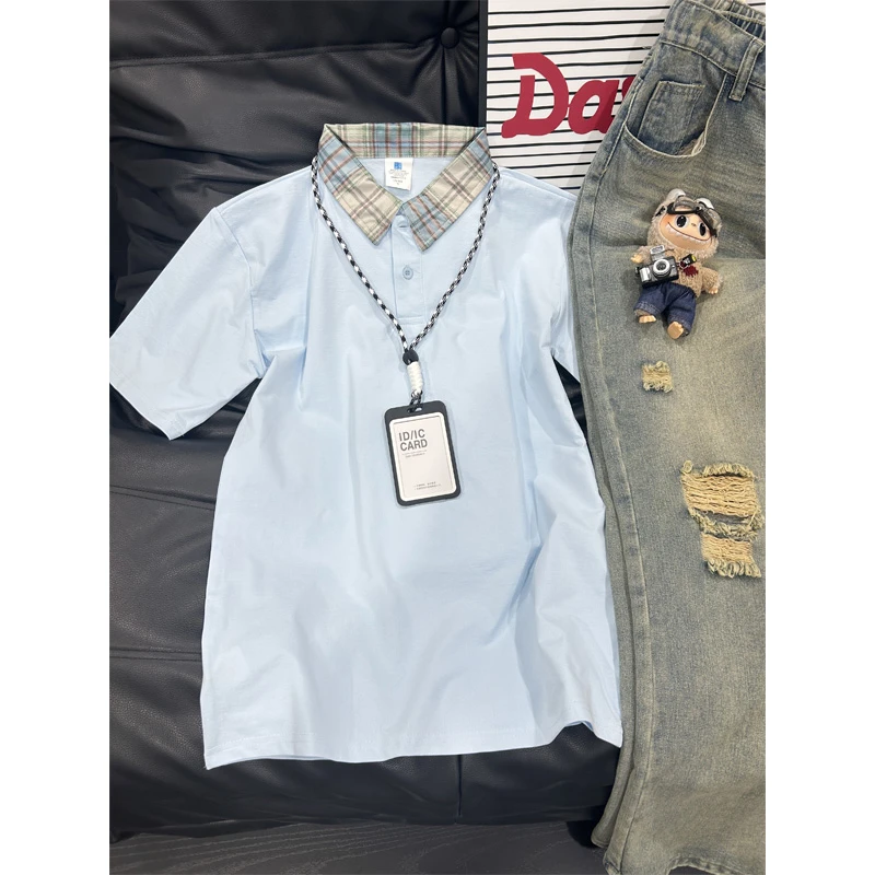 奶蓝色拼接格子polo衫短袖男款夏季设计感小众翻领t恤重磅半截袖