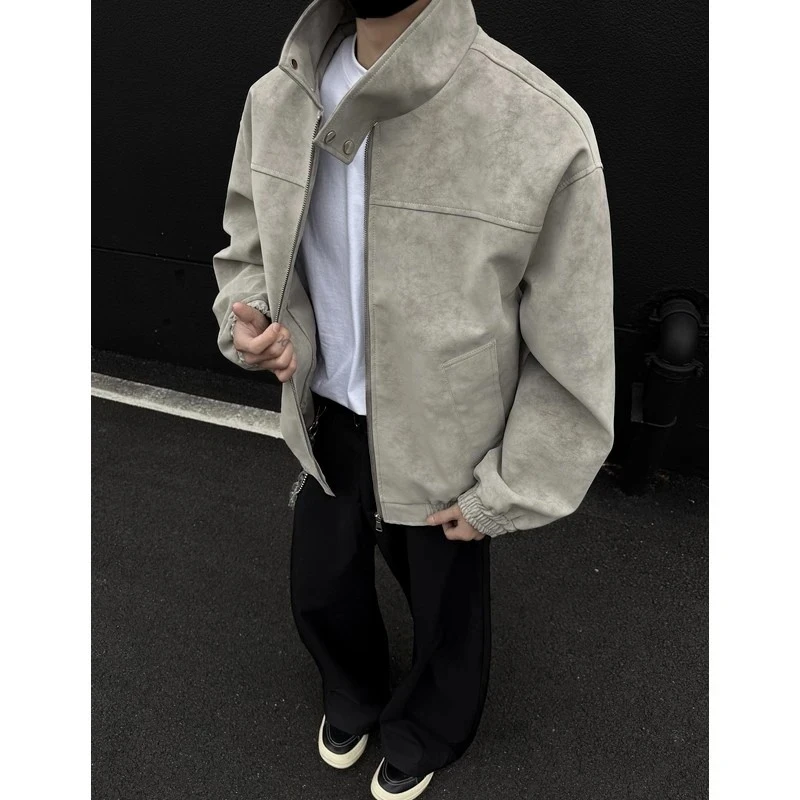 扎染pu皮衣短款外套男士重磅立领美式高级感棒球服cleanfit皮夹克