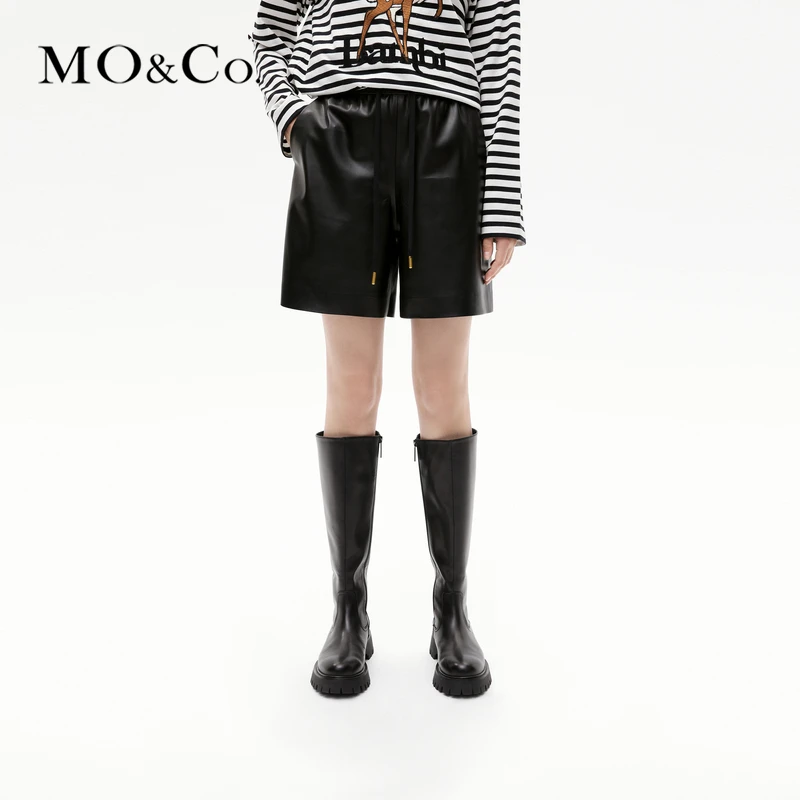 MOCO冬可水洗皮抽绳松紧高腰短裤MBC4SOTT02