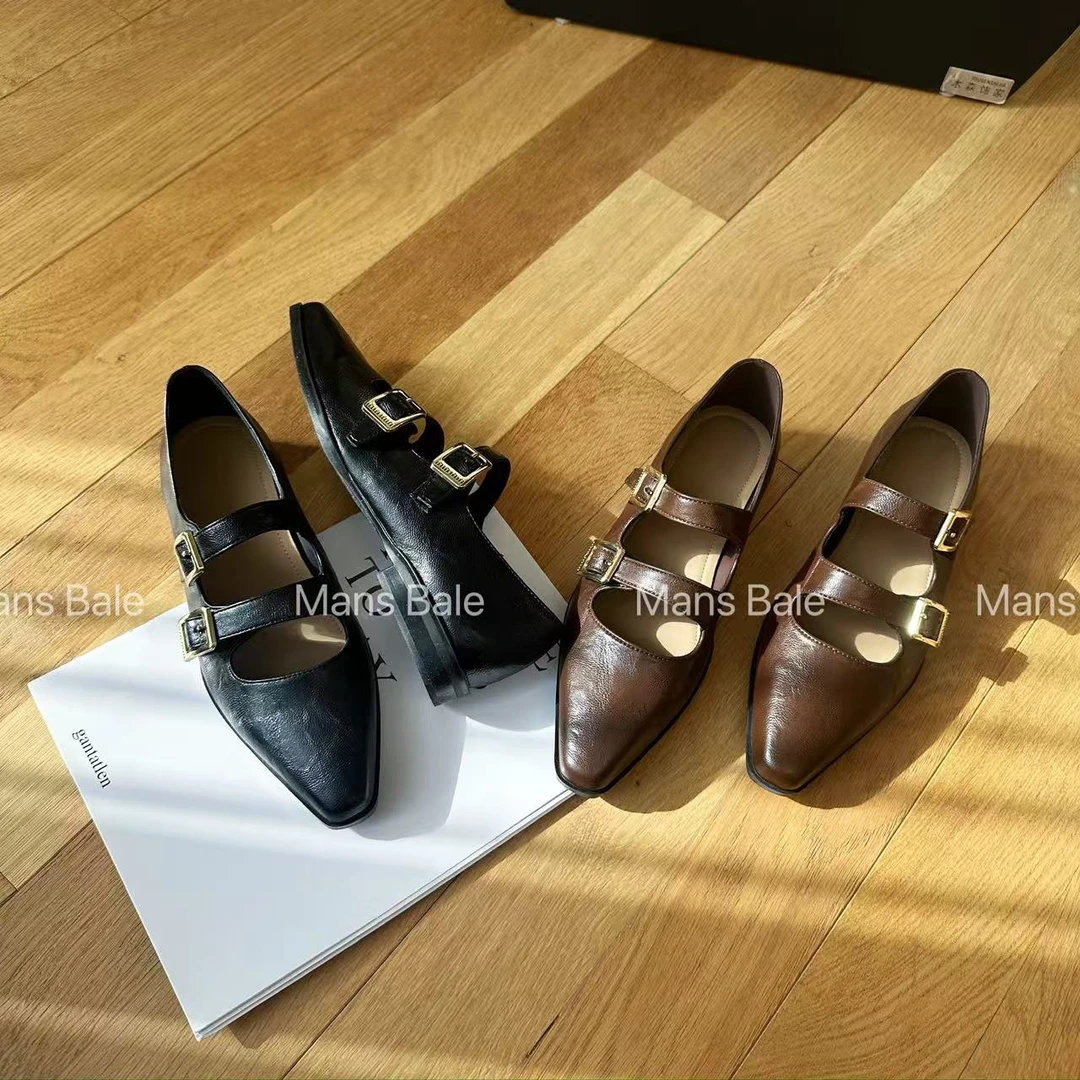 25-06 春季新款复古浅口百搭魔术贴法式小皮鞋一字带尖头单鞋