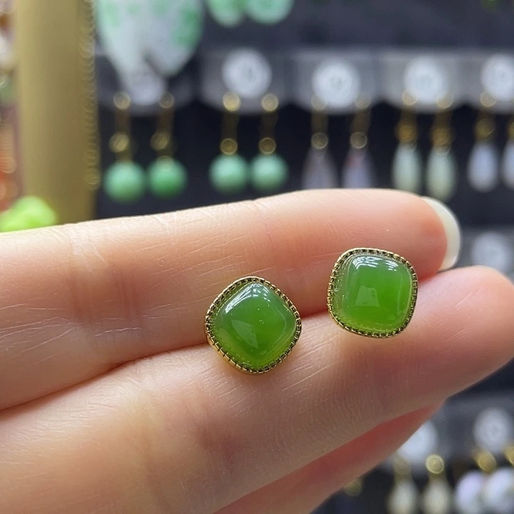 和田玉银S925镶嵌耳饰