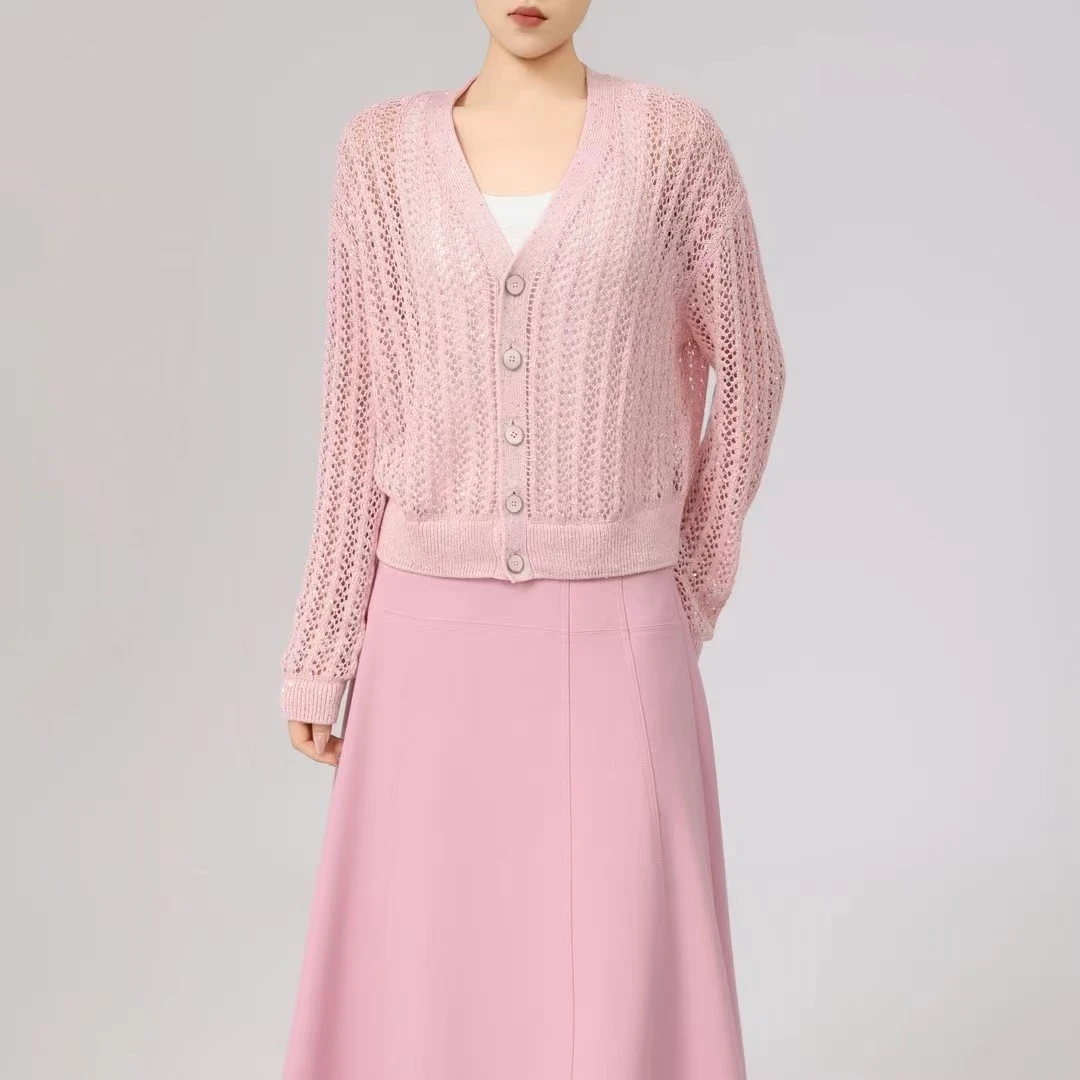 阿玛施AMASS春夏时尚凉爽舒适镂空网编织银色亮片针织开衫5499257