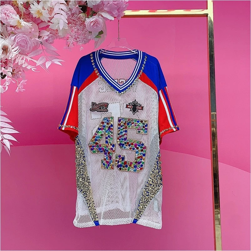 A3359欧美设计师2025秋季新款重工彩色钉钻刺绣字母拼色镂空T恤女