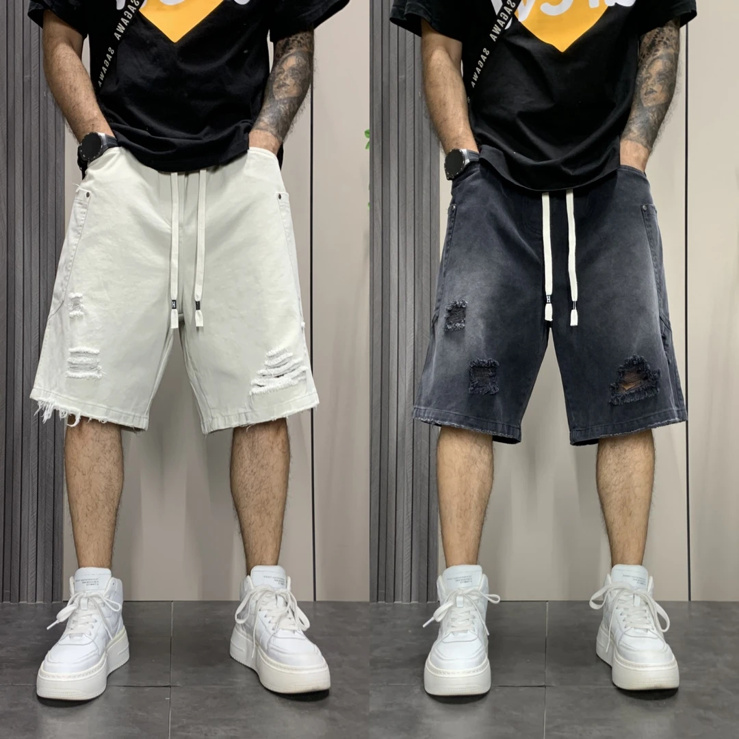 夏季破洞牛仔短裤夏季日系男款牛仔五分裤薄款美式潮流痞帅宽松男