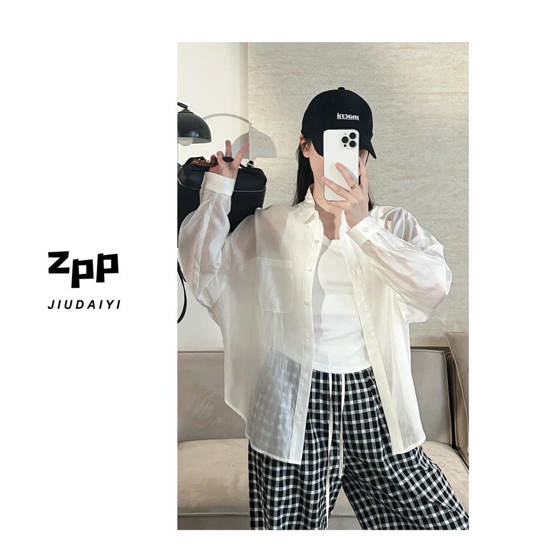 玖黛衣现货【薄如蝉翼】新款纯色翻领宽松百搭防晒衬衫CYP40850