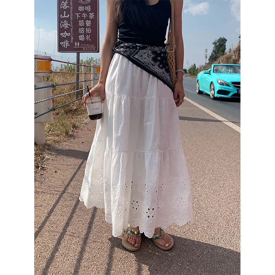 松紧腰荷叶边镂空刺绣白色A字夏季高腰半身裙女夏浪漫甜美裙子