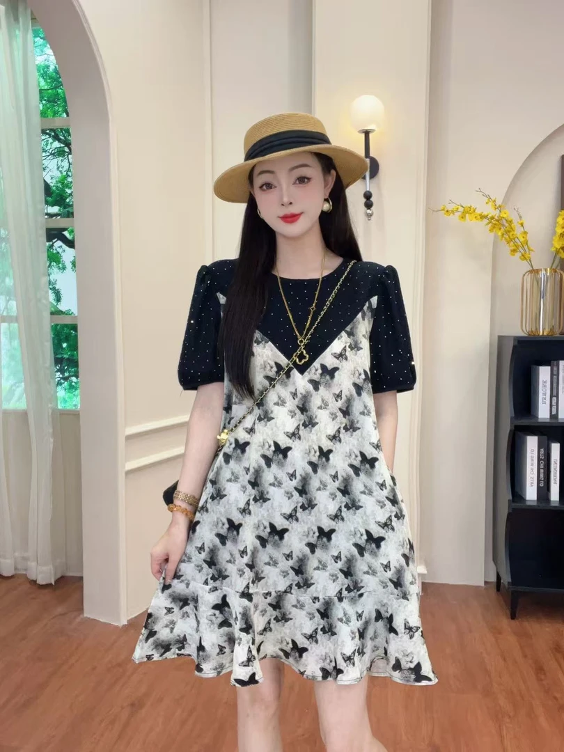 『渐变蝴蝶』2025年夏季新款显瘦渐变碎花假两件高级感连衣裙【思思】
