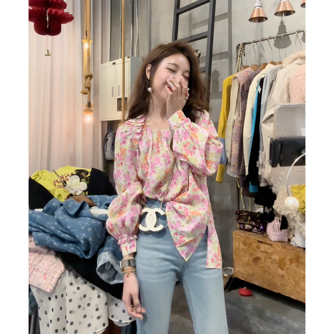 S50210914素拉那里 定制款法式浪漫水彩碎花木耳花边衬衫衬衣