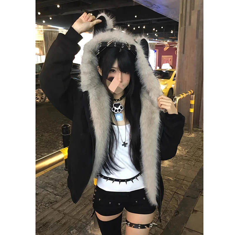 毛领座山雕猫耳朵棉服男款冬季加绒加厚情侣棉衣美式复古短款外套