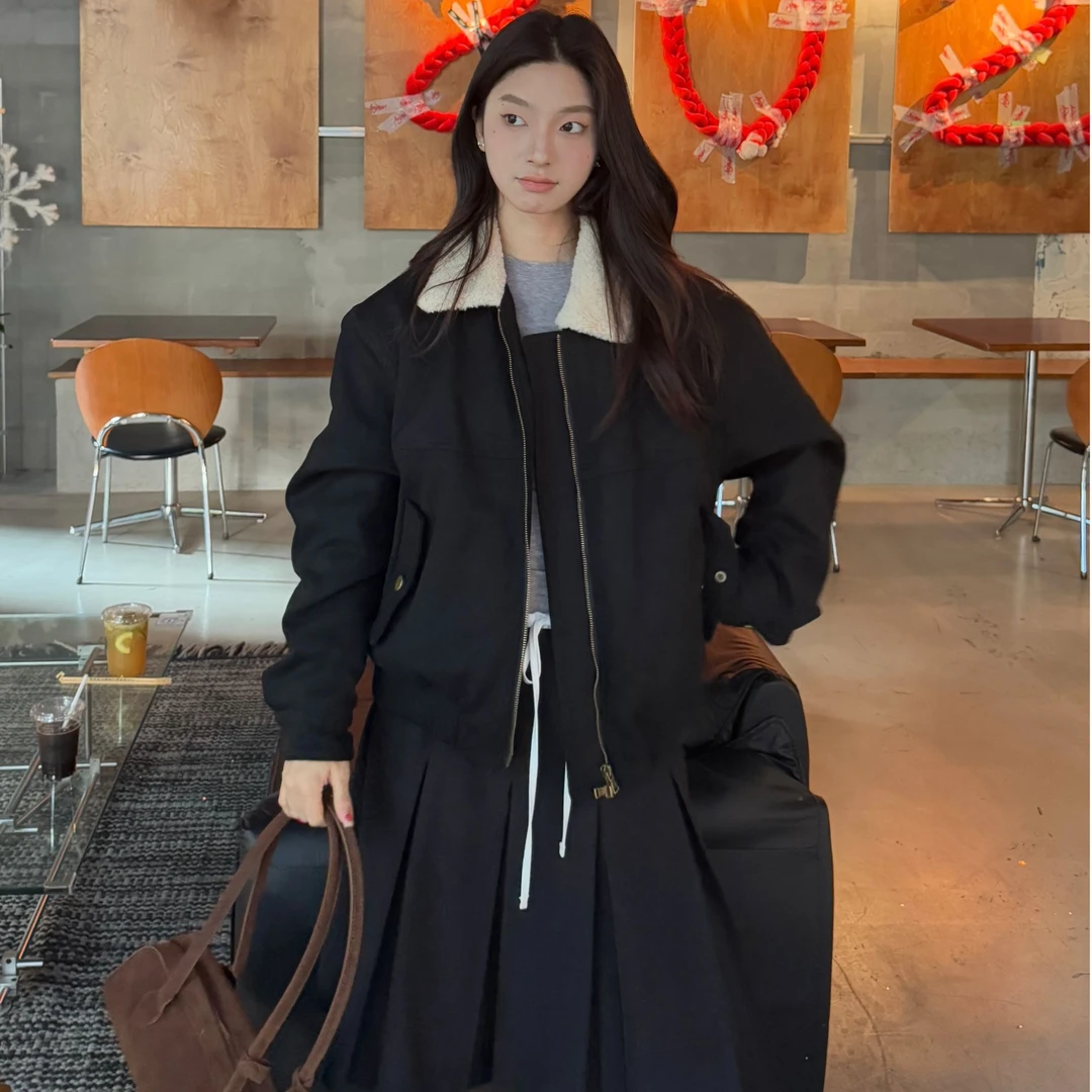 林小野 时髦缪风毛领拼接皮外套新款宽松百搭夹棉加厚款