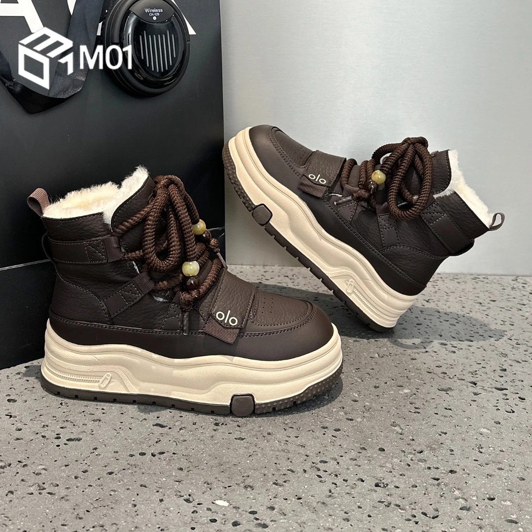 M01巨好看复古雪地棉靴女新款冬季加绒加厚防水厚底高帮棕色短靴