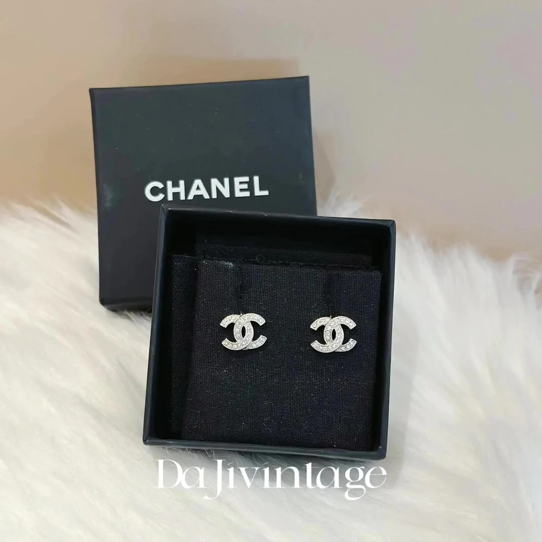 99新 Chanel/香奈儿 大吉中古/Chanel香奈儿银色小双c满钻耳钉