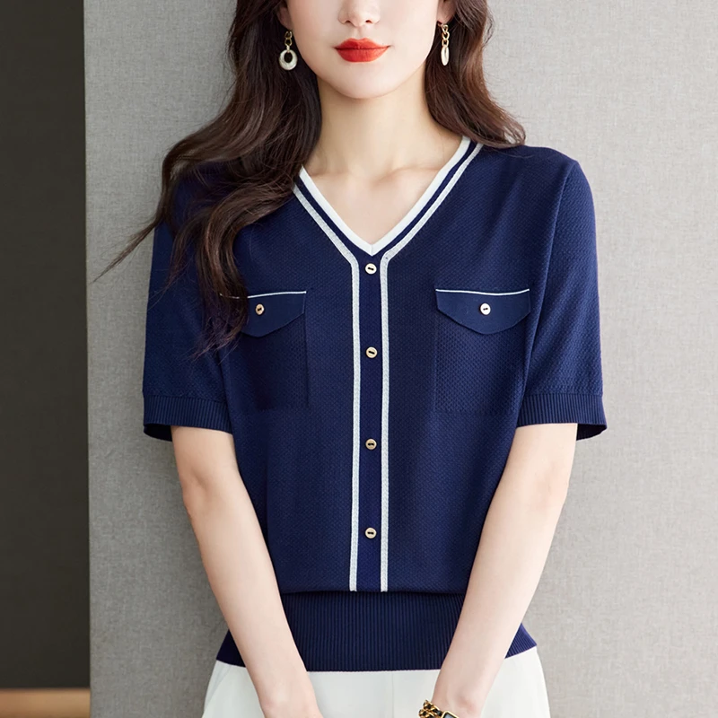 夏装2025新款大码女装V领小香风上衣宽松显瘦百搭薄款针织短袖T恤