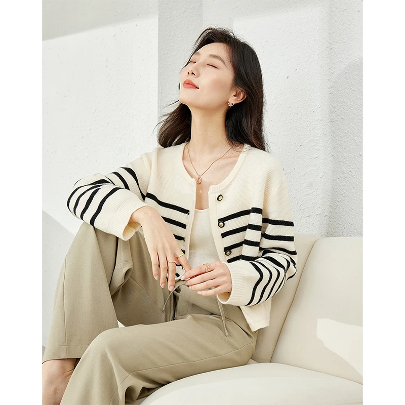 M梵希蔓优雅淑女圆领针织开衫舒适条纹毛衣72591/73322