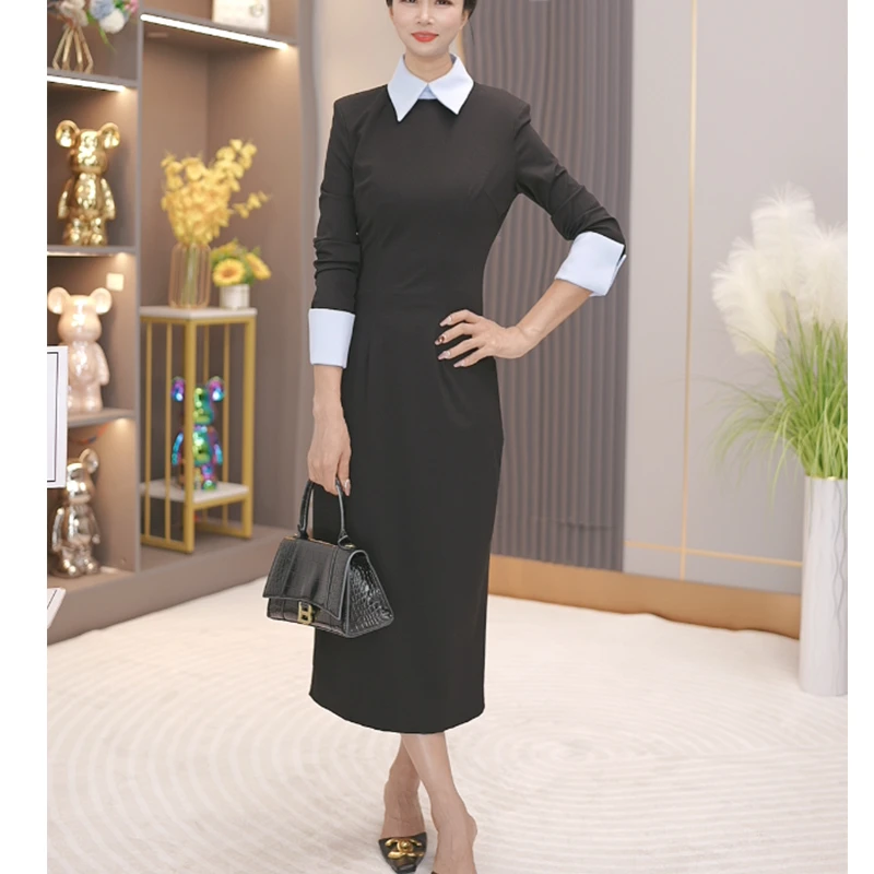 秋装时尚连衣裙女新款气质百搭中长款修身显瘦长袖裙子9109