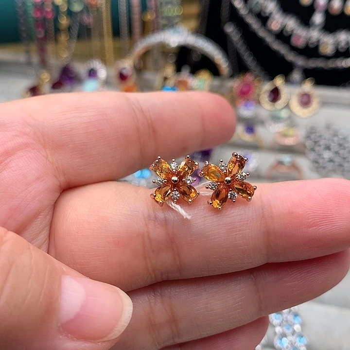 银S925镀金镶嵌黄晶耳饰