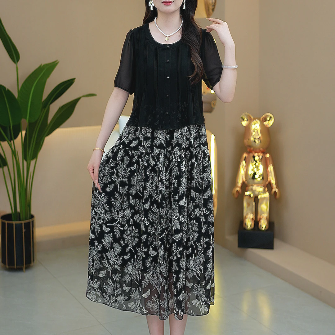 夏季新款优雅气质中长款女装拼接连衣裙S-72