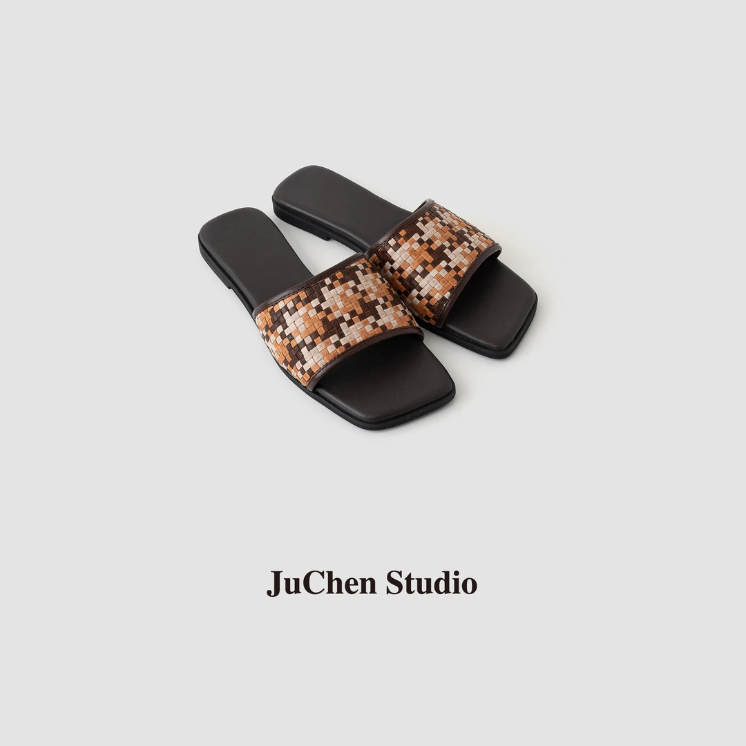 “马赛克拖鞋”夏季手工编织秀气方头一字拖凉鞋平底鞋XZ250310-07