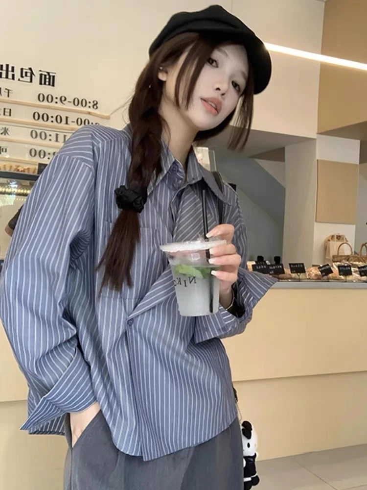 条纹西服领个性长袖衬衫女2025秋季新款宽松休闲衬衣