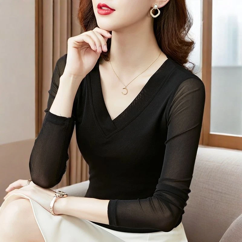 V领黑色网纱打底衫女内搭2025春秋年新款洋气小衫长袖t恤蕾丝上衣