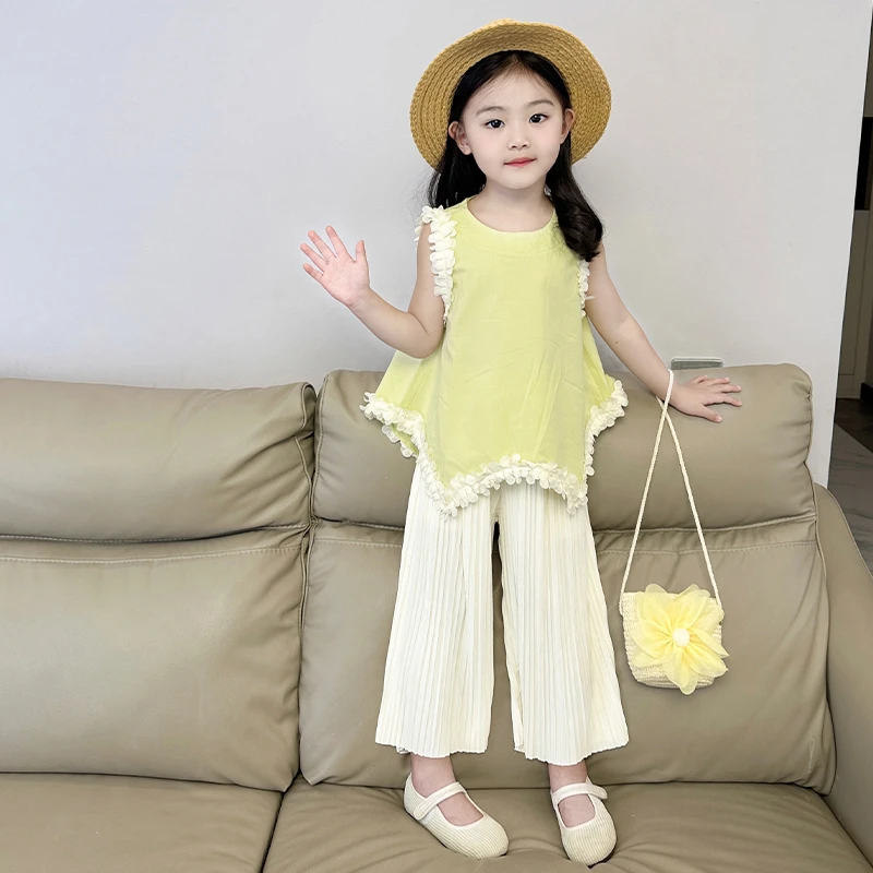 女宝宝夏装套装2025新款洋气时尚小女孩花边背心阔腿裤韩版两件套