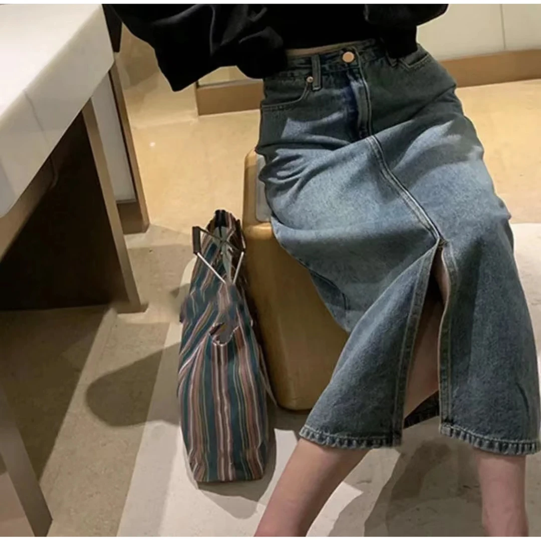 【牛仔裙】大码宽松开叉直筒百搭简约显瘦牛仔半身裙