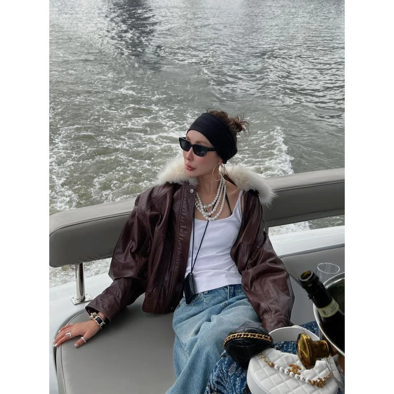 EXPAPARICH  旧梦鎏金廓形毛领皮衣夹克