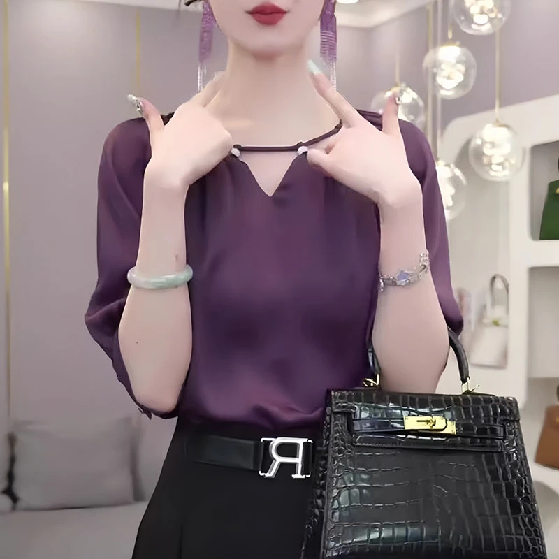 紫色衬衫女士夏季高级感轻奢时尚气质宽松显瘦镂空泡泡袖衬衣上衣