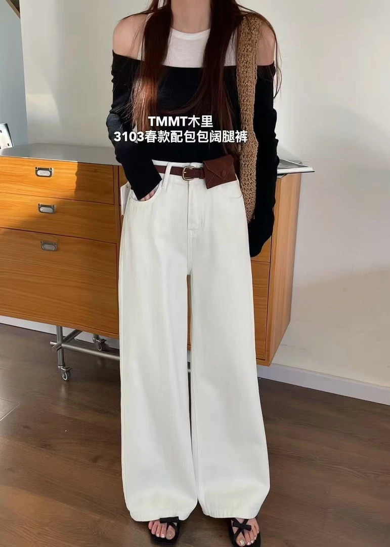 衣号店 春款爆款主播自留款米白色腰包牛仔阔腿裤3103米白色
