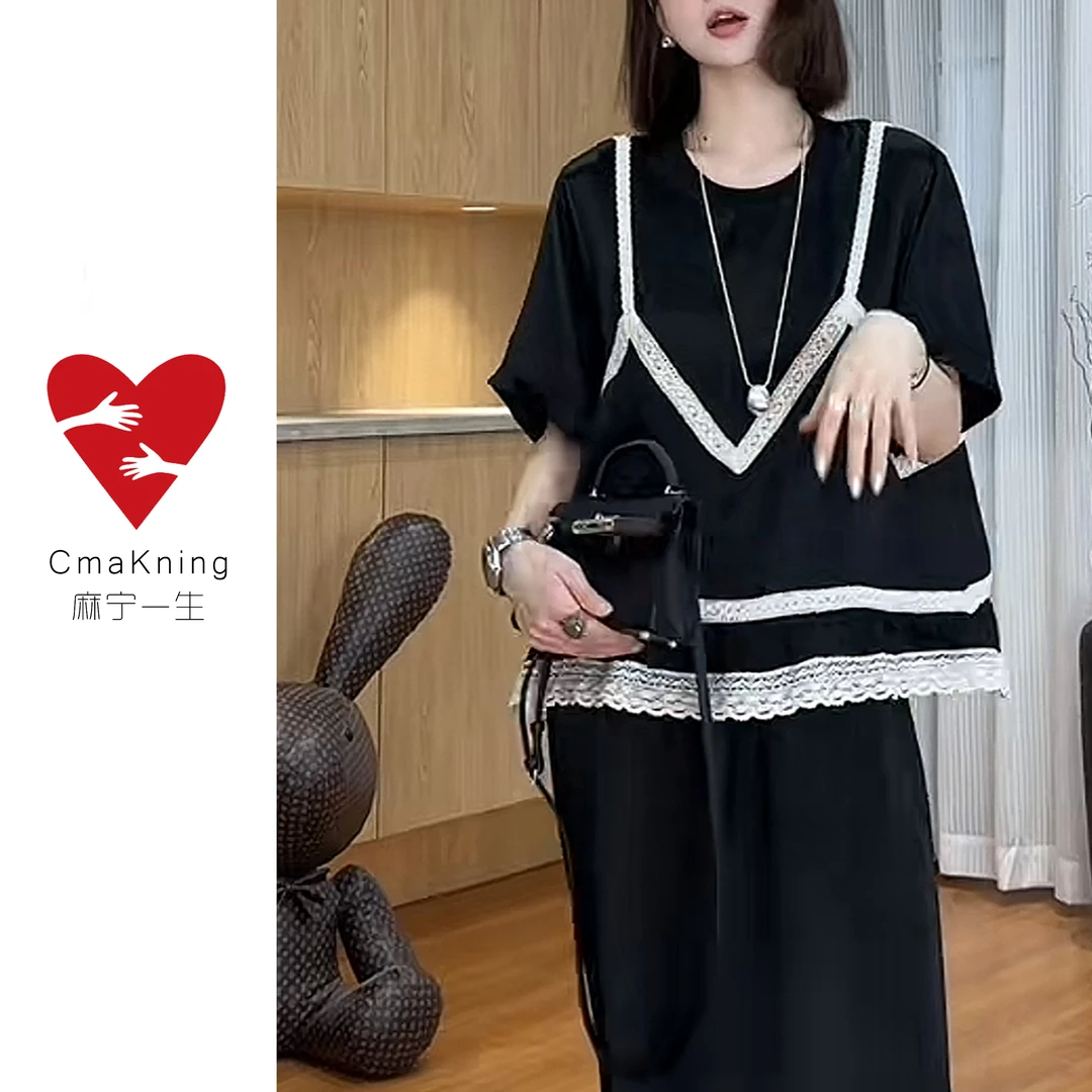 麻宁一生CmaKning【昼夜曲】夏季洋气时髦拼接圆领短袖上衣