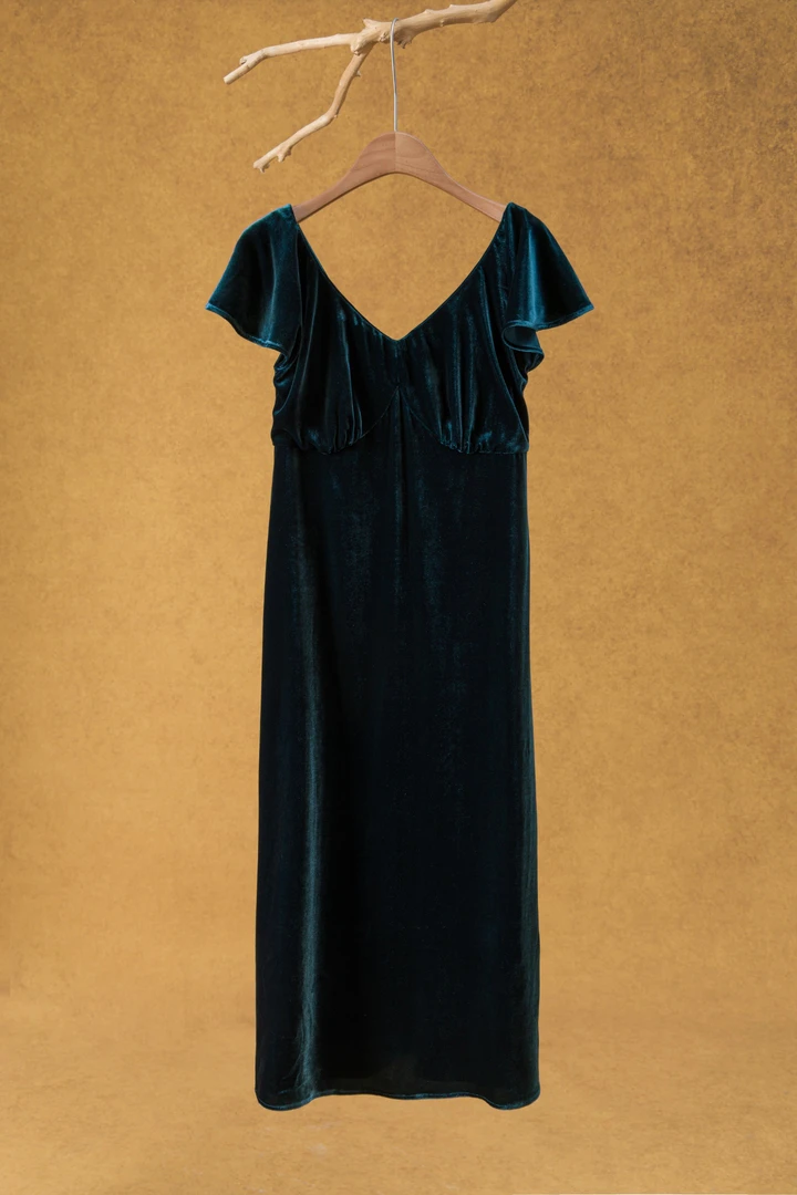 大满家雀兰色真丝丝绒桑蚕丝小飞袖前后V领连衣裙国风新中式